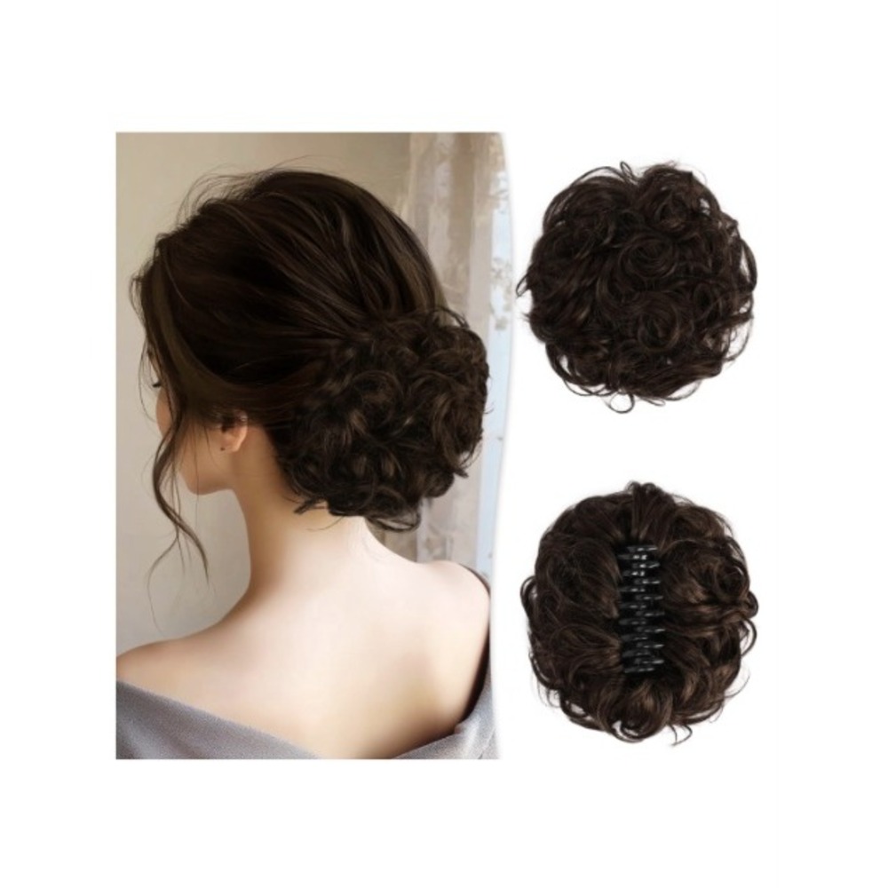 Real Human Hair Claw Clip Messy Bun Dark Brown Curly Wavy Updo Hairpiece